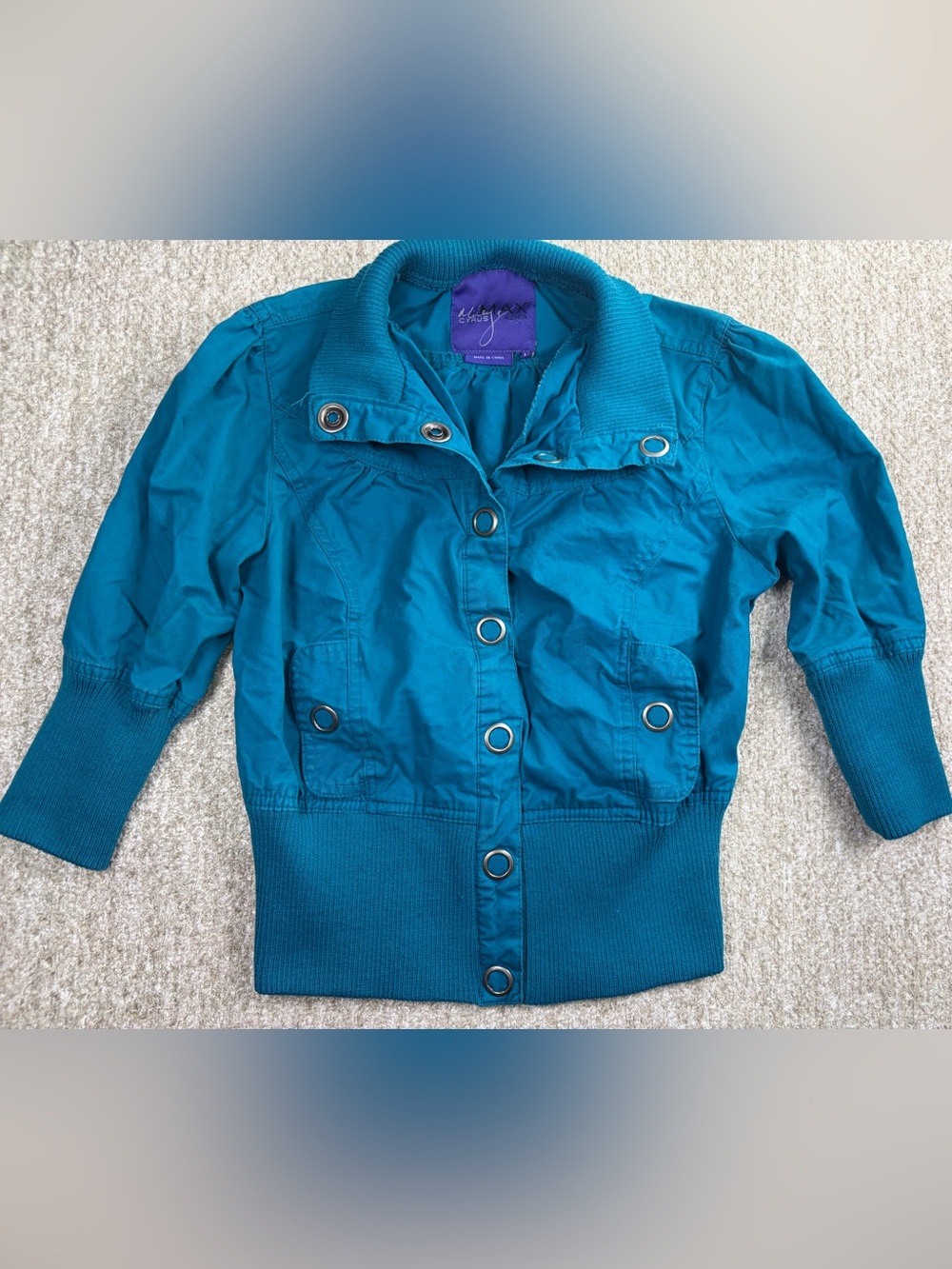 Miley Cyrus & Max Azria Y2K Teal Bomber Jacket with Snap Closures